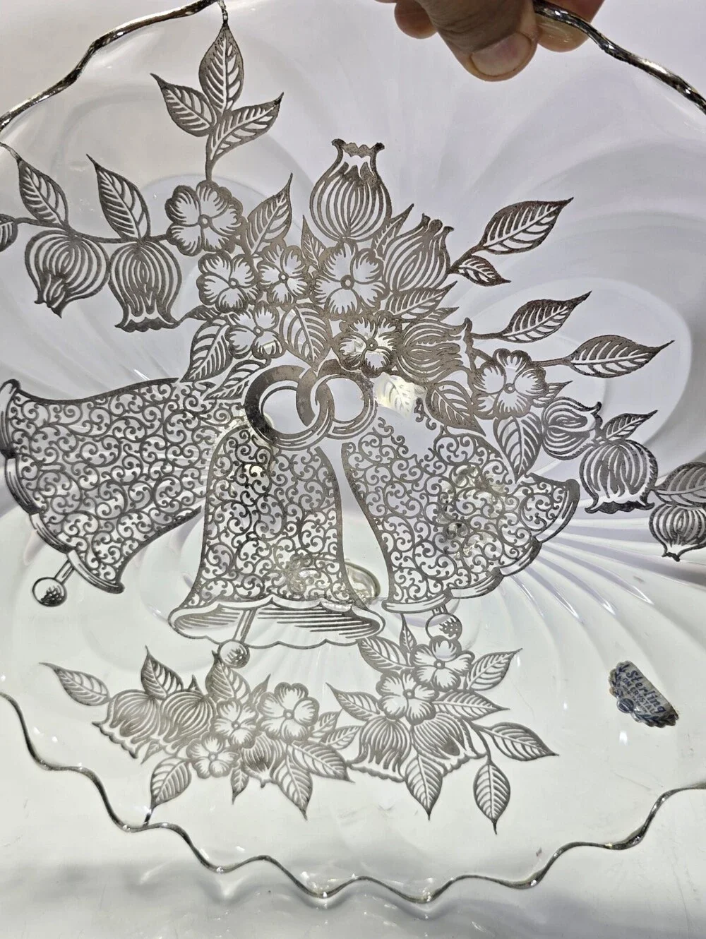 Vtg Silver City Sterling on Crystal Christmas Bells Scalloped Serving Platter